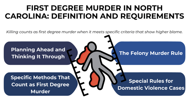 A chalk outline of a body with red blood stains is in the center, surrounded by crime scene measuring markers. Four blue boxes list key factors of first-degree murder in North Carolina.
