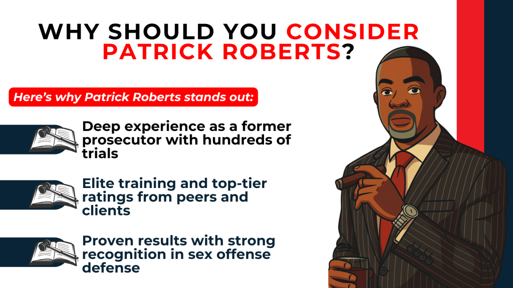 Attorney illustration with callouts highlights experience training and proven results in defending sex offense cases