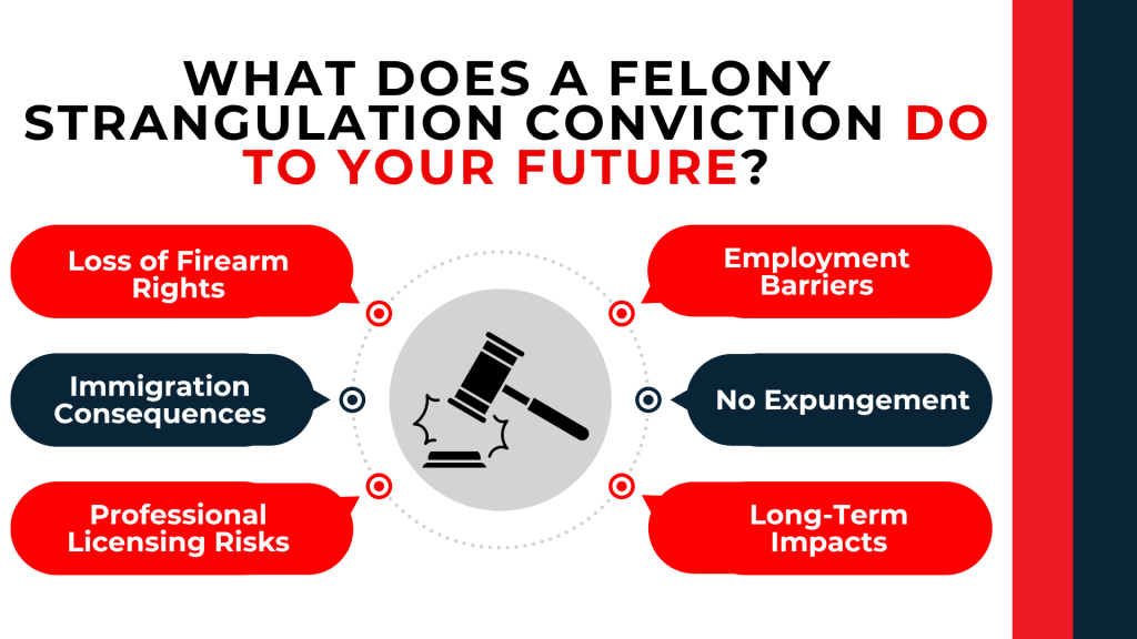 Gavel icon surrounded by lasting consequences including firearm rights, employment, immigration, and licensing.