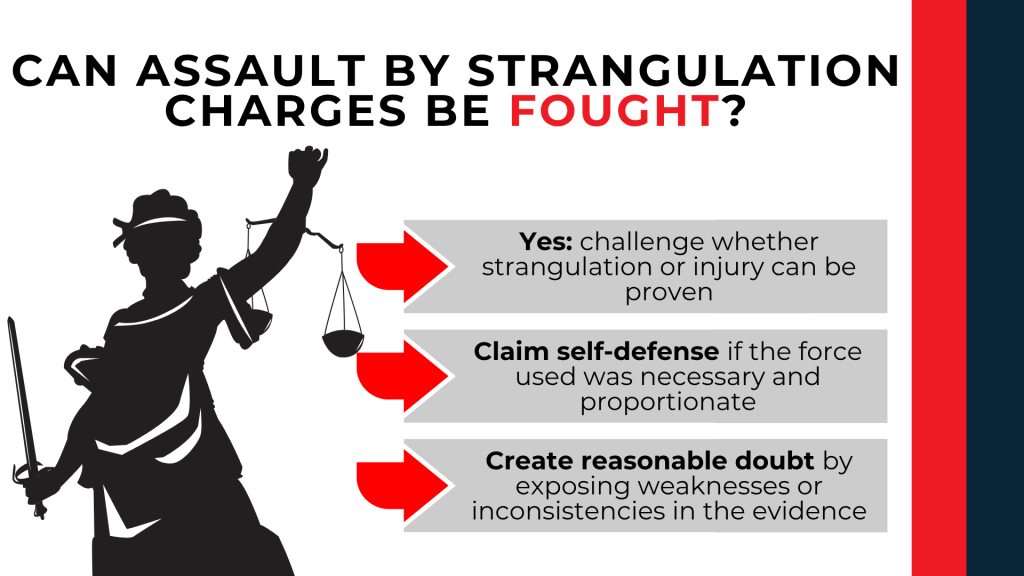 Lady Justice and arrows outline defense strategies including self-defense, evidence challenges, and reasonable doubt.