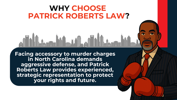 Illustration of attorney in suit with boxing gloves next to text explaining the firm provides aggressive defense for accessory to murder charges in North Carolina.