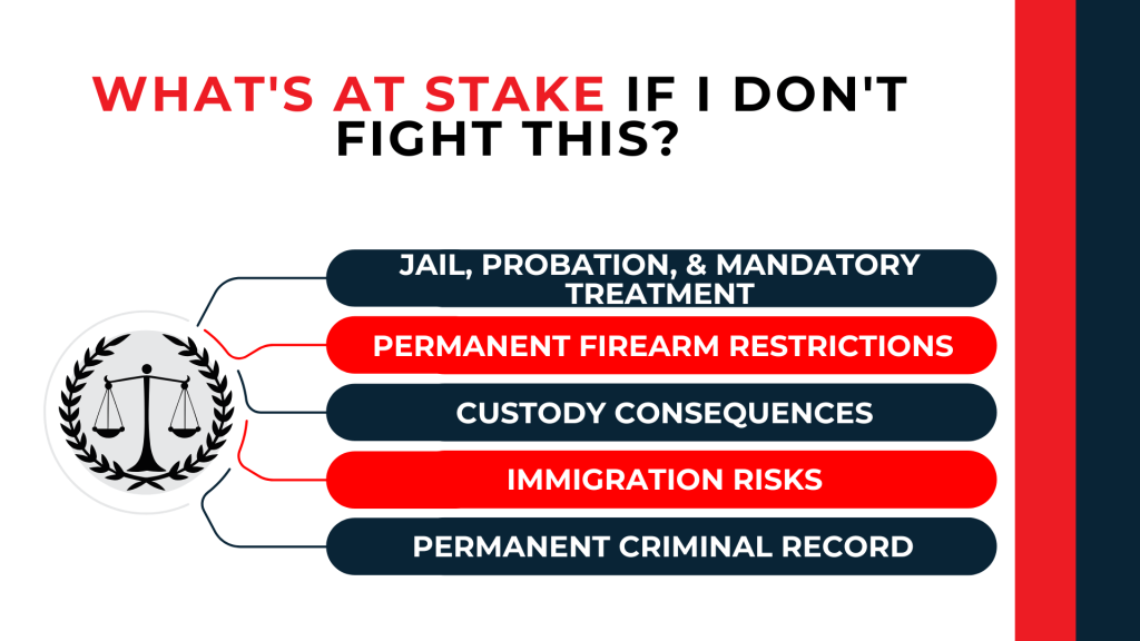 Scales of justice list risks including jail, firearm restrictions, custody issues, immigration, and criminal record.