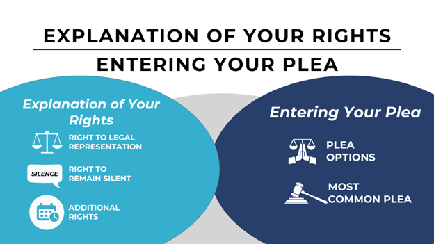 Breakdown of legal rights, including representation and remaining silent, alongside an overview of plea options and common pleas.