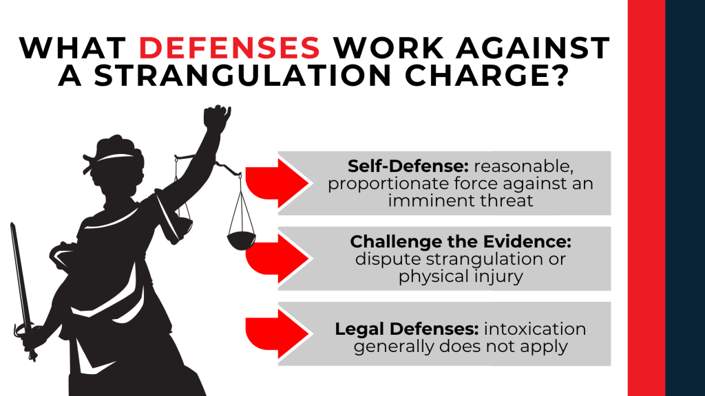 Lady Justice silhouette highlights self-defense, evidence challenges, and legal defenses to strangulation charges.