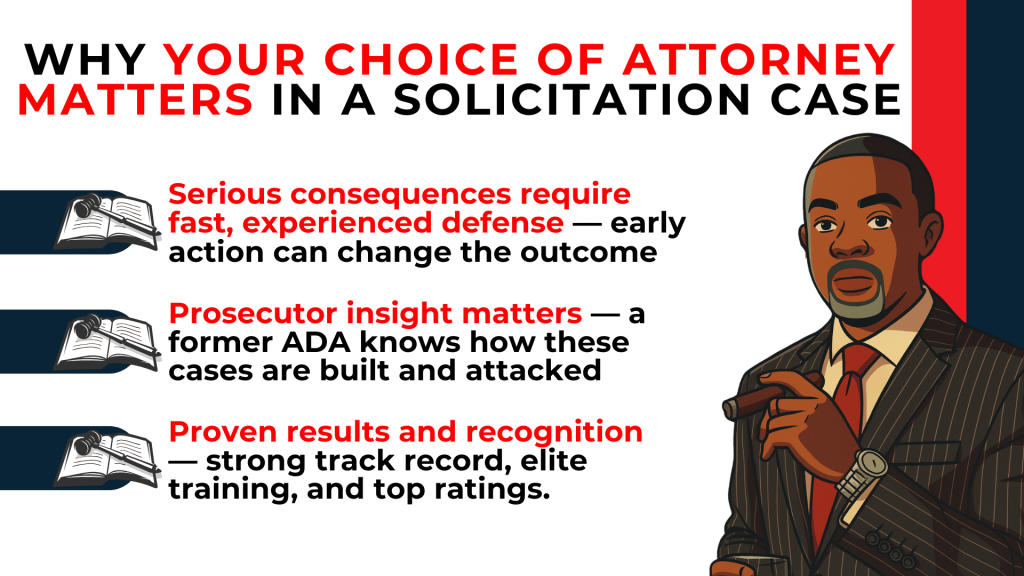 Attorney illustration with bullets emphasizing experience prosecutorial insight and proven results in defense strategy