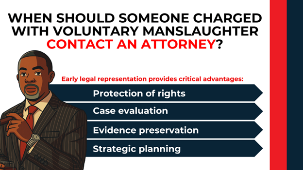Attorney illustration with list of early defense benefits: rights protection, planning, evidence.