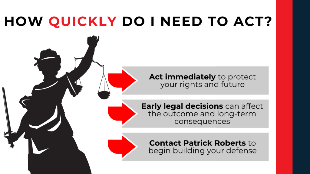 Lady Justice and arrows stress acting quickly to protect rights and build a strong legal defense.