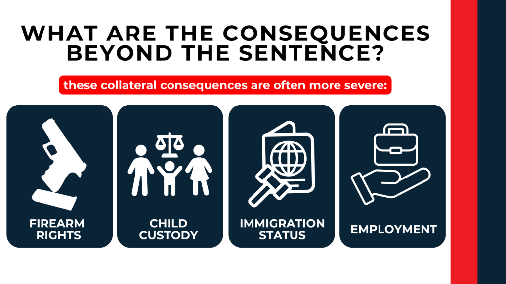 Icons show collateral consequences including firearm rights, child custody, immigration status, and employment.