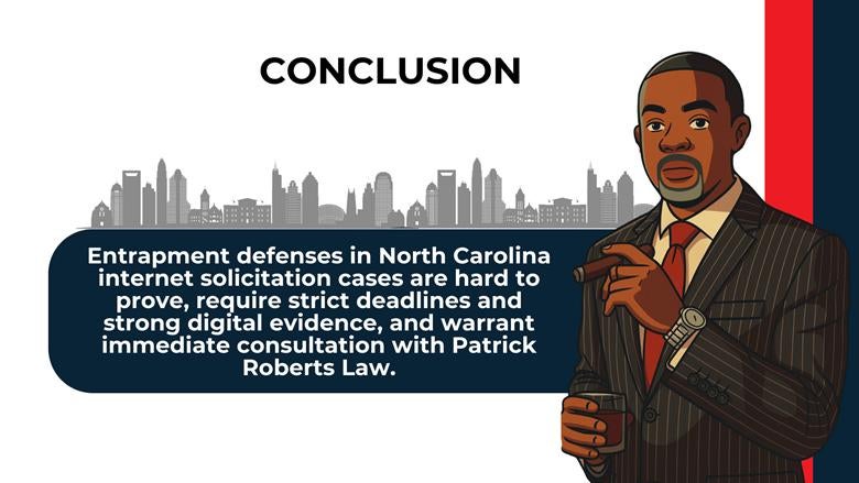 City skyline and attorney illustration reinforce that entrapment defenses are difficult and require prompt legal consultation.