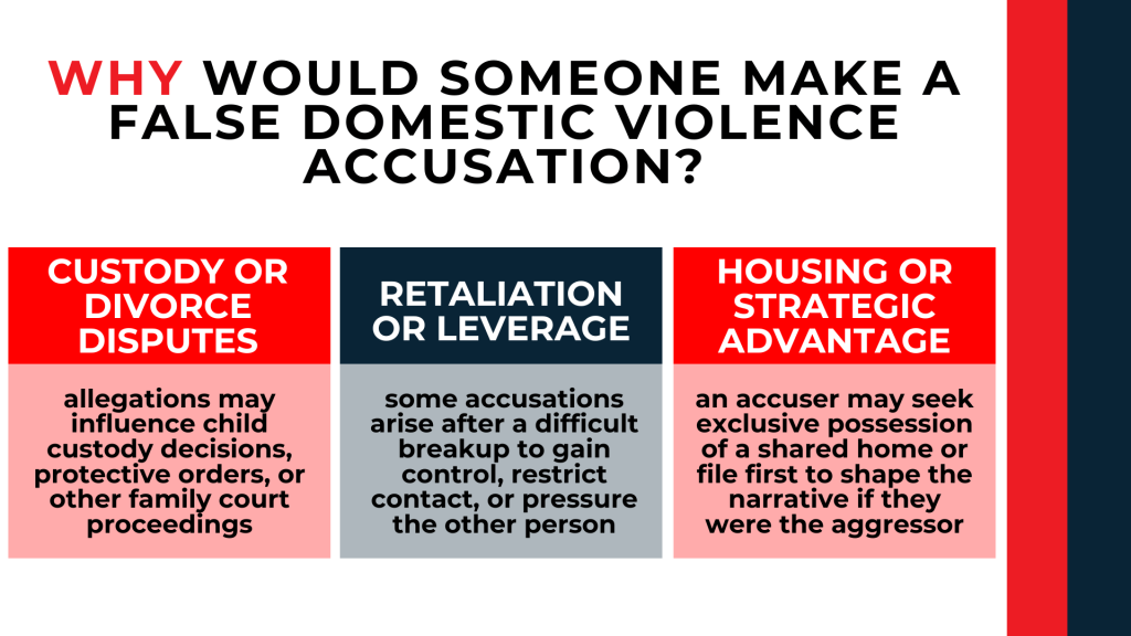 Three panels outline false accusation motives involving custody disputes, retaliation, and housing advantage.