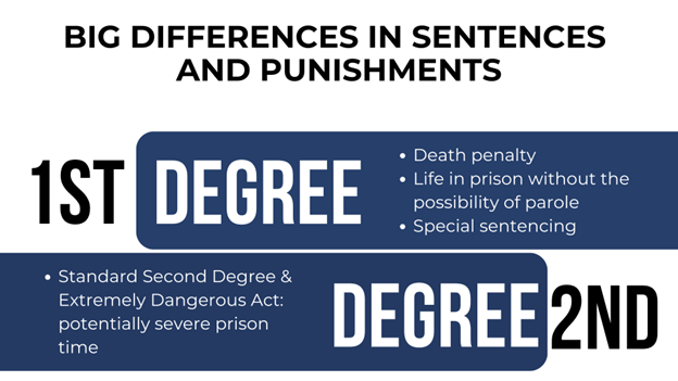 Big, bold text at the top says "BIG DIFFERENCES IN SENTENCES AND PUNISHMENTS," comparing 1st-degree and 2nd-degree crimes, showing how sentences and punishments differ, from life sentences to decades in prison.