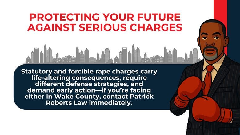 City skyline and attorney illustration emphasizing early legal action when facing statutory or forcible rape charges.