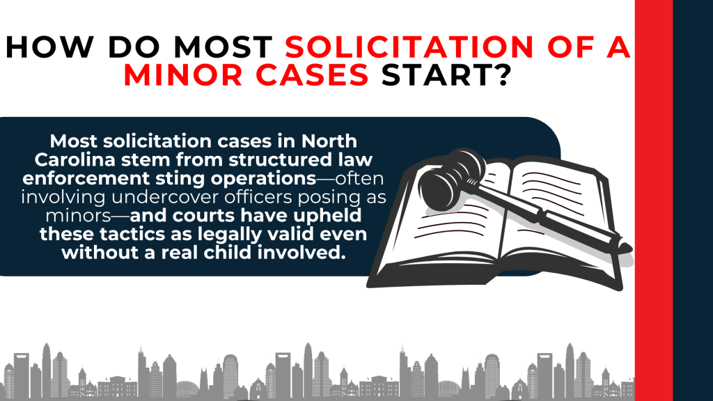 Gavel and open book icon with text explaining sting operations and undercover officers initiating solicitation cases
