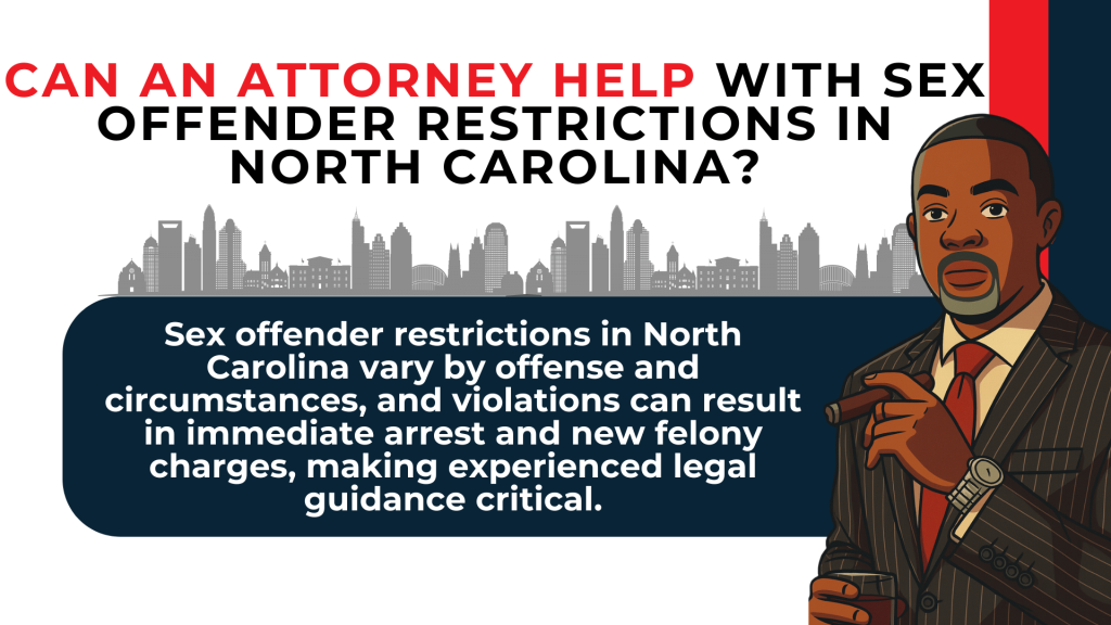 Attorney illustration beside city skyline explains legal guidance for navigating North Carolina restrictions.
