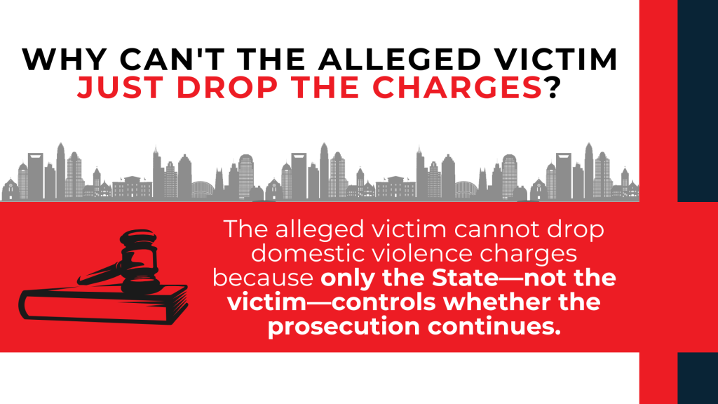 Gavel explains that only the State decides whether domestic violence charges continue or are dismissed.