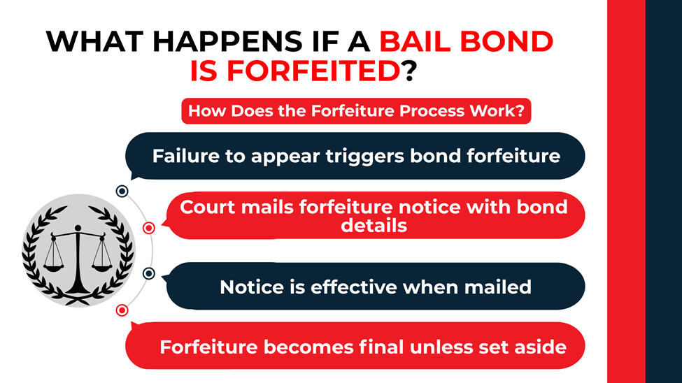 Timeline layout shows forfeiture process triggered by failure to appear and court notice rules.