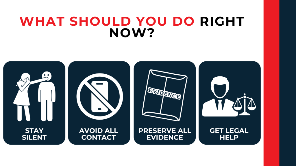 Icons for silence, no contact, preserving evidence, and legal counsel outline immediate response steps.