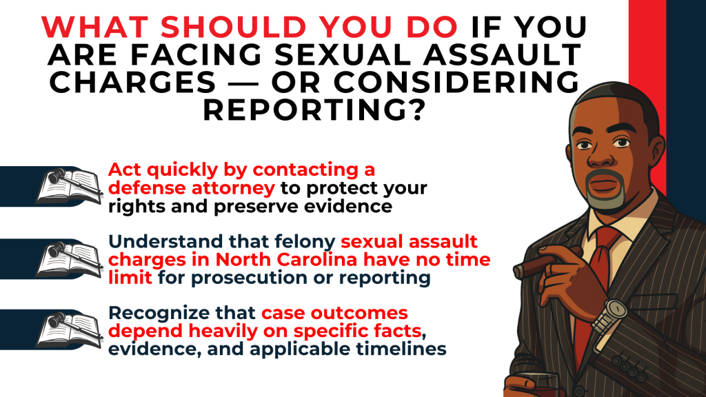 Attorney figure with bullet points advises acting quickly knowing no time limits and evaluating facts and evidence