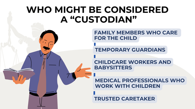 Professional man with a book in hand, with lady justice in his back, listing family members, guardians, babysitters, medical professionals, and caretakers as custodians.