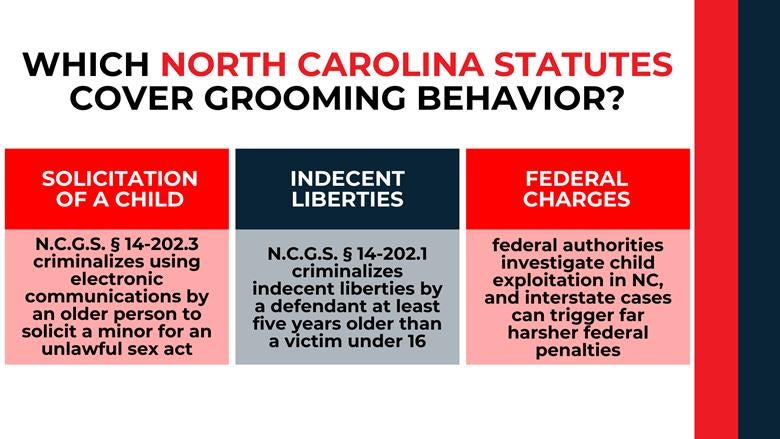 Three-column layout summarizing solicitation, indecent liberties, and potential federal charges with statute references.