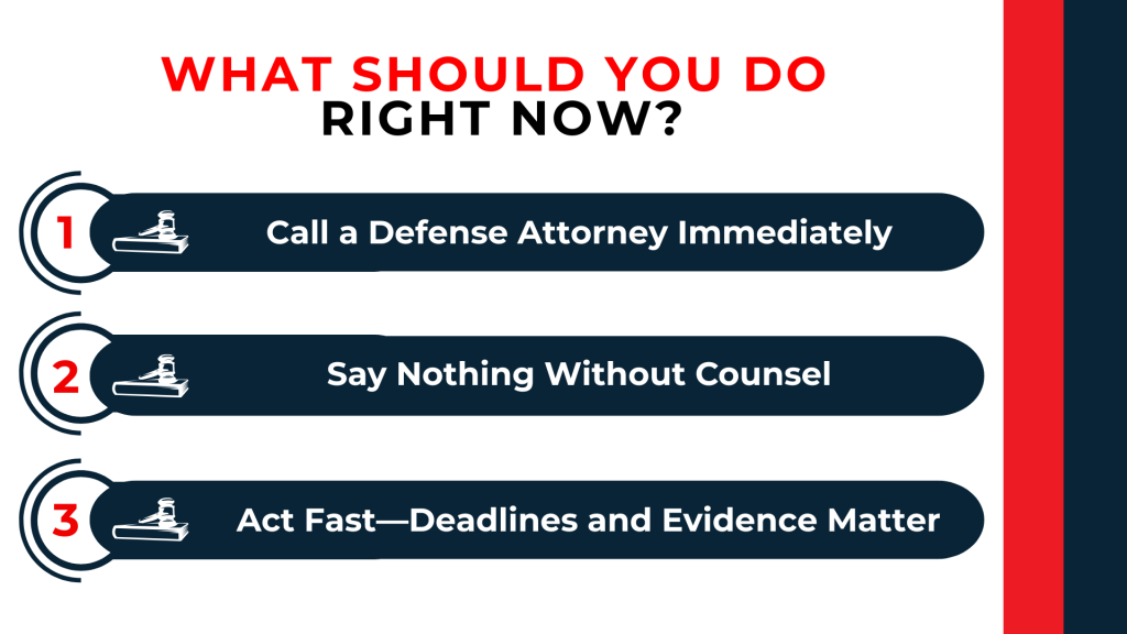 Numbered steps with gavel icons urge calling an attorney staying silent and acting quickly to protect rights and evidence