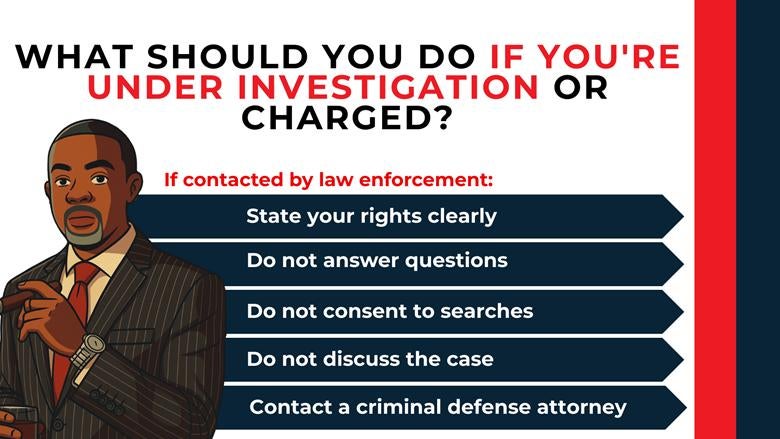 Directional checklist with attorney illustration outlining steps to assert rights and contact defense counsel.