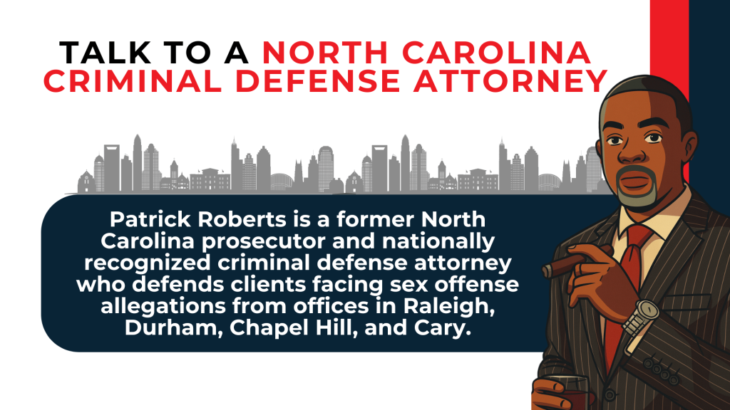 Attorney illustration and skyline emphasize legal representation for sex offense allegations in North Carolina.