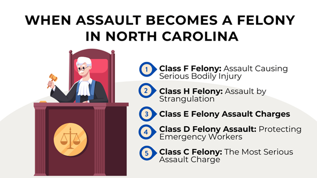Cartoon judge in robes sits behind a courtroom bench with a gold scale emblem, holding a gavel, beside him is an outline of five felony levels based on factors like injury severity, method, and if emergency workers are involved.