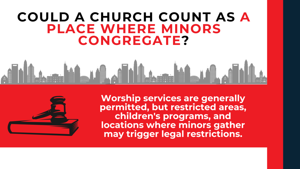 Gavel on law book highlights church attendance limits, youth programs, and areas where minors gather.