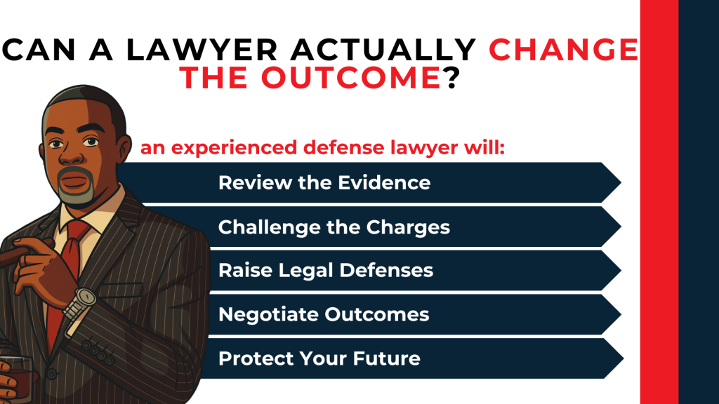 Attorney illustration outlines how defense lawyers review evidence, challenge charges, negotiate, and protect your future.