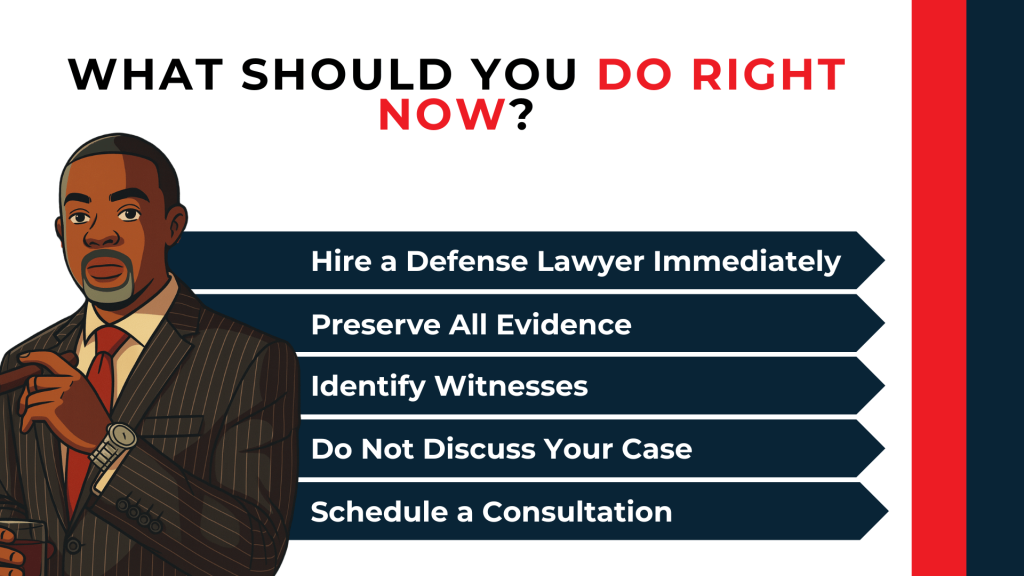 Attorney illustration with arrows lists hiring counsel, preserving evidence, finding witnesses, and staying silent.