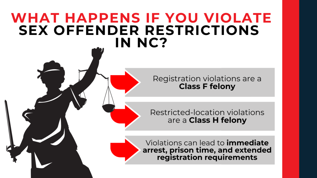 Lady Justice and arrows outline felony penalties, arrest risks, prison time, and registration consequences.
