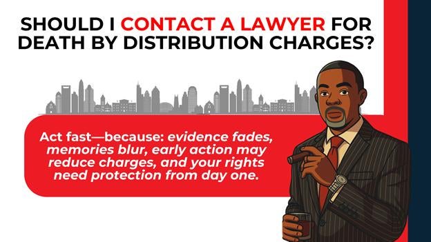 Lawyer cartoon with drink and cigar urges fast legal help before evidence fades in death by distribution.