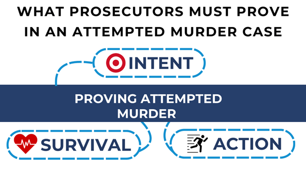 This graphic outlines the key elements prosecutors must prove in an attempted murder case: Intent, Action, and Survival. It uses bold text, icons, and a structured flowchart-style layout for clarity.