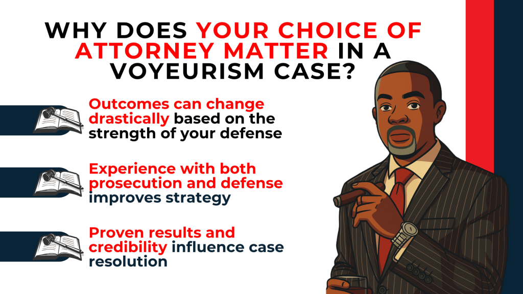 Attorney illustration highlights experience strategy and credibility shaping outcomes in voyeurism defense cases