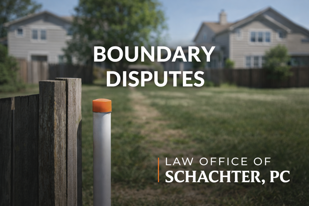 Boundary dispute between two residential properties in Nassau County showing a fence line and survey marker – Law Office Of Schachter, PC property line litigation attorney