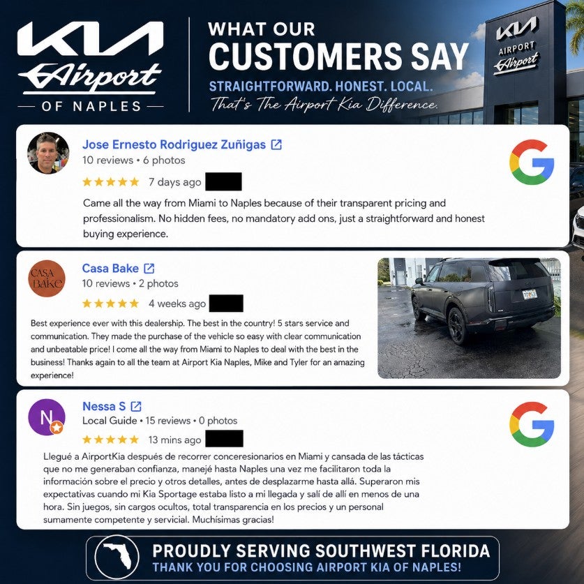 5-star Google reviews from customers who drove from Miami to Airport Kia Naples