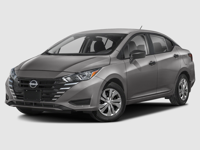 A gray 2025 Nissan Versa sedan parked at an angle, showing its front and side view.