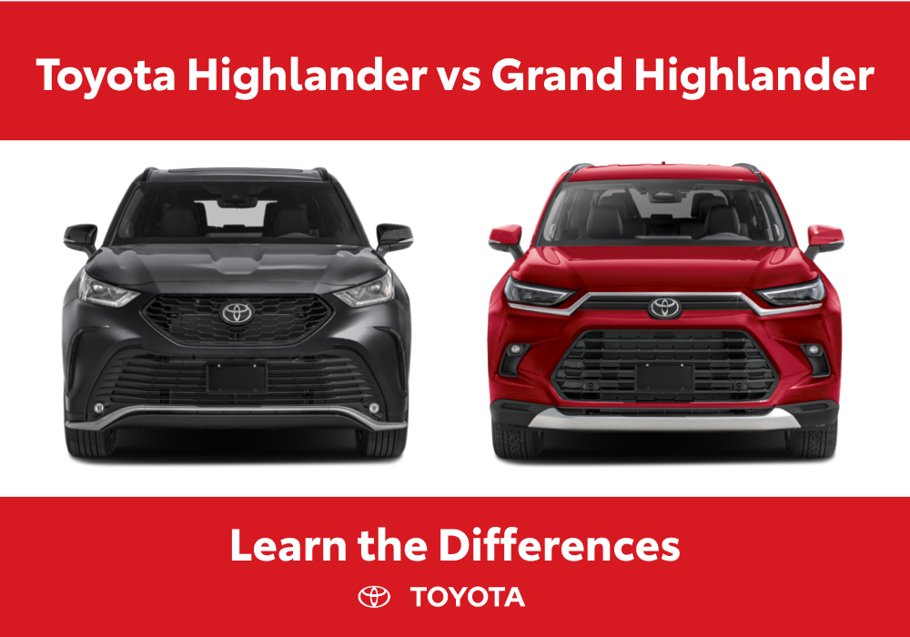A Toyota Highlander pictured next to a Grand Highlander. Above the models are the words "Toyota Highlander vs Grand Highlander." Beneath the models are the words "Learn the Differences" with the Toyota logo
