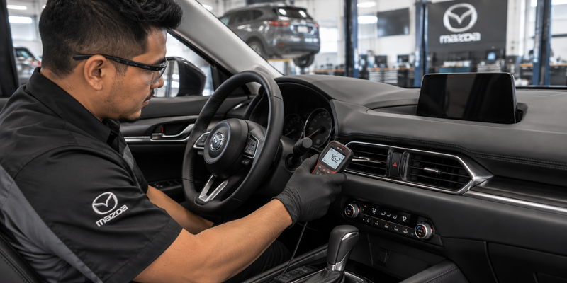 Technician inspecting Mazda air conditioning vent performance
