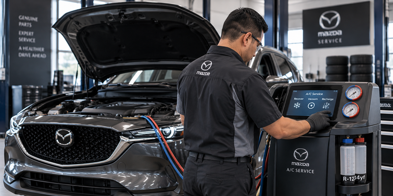 Technician performing Mazda air conditioning system service