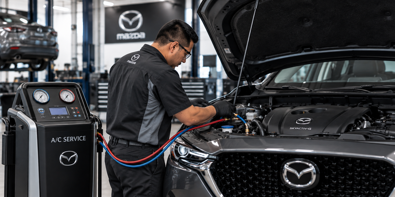 Mazda receiving air conditioning service in a professional service bay