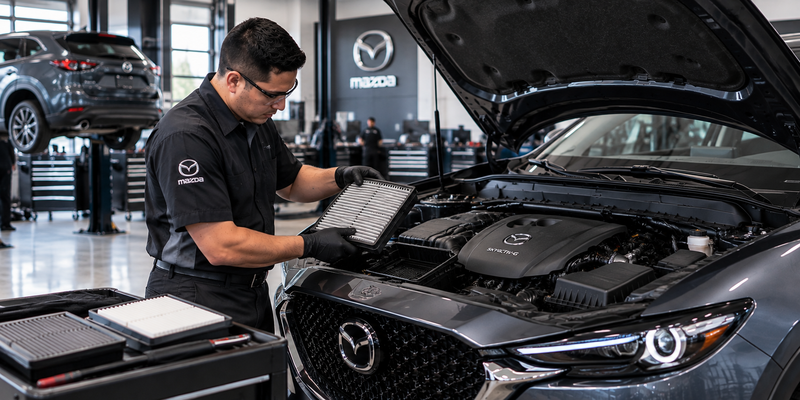 Mazda technician inspecting an air filter in a professional service bay