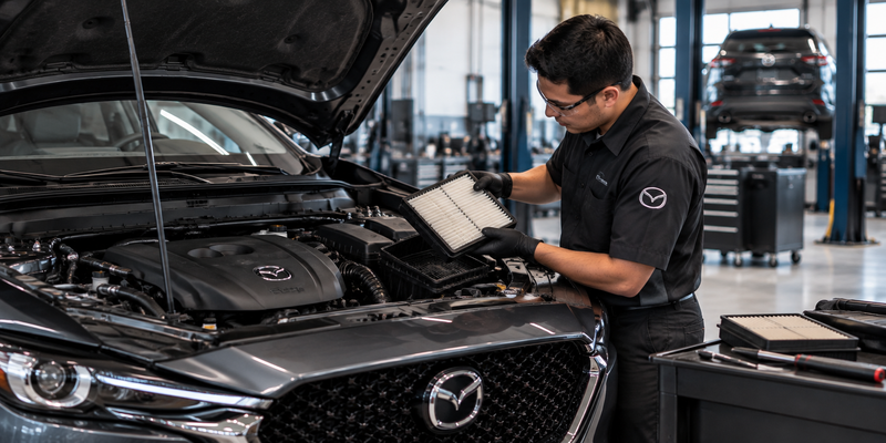 Mazda technician inspecting an engine air filter beneath the hood