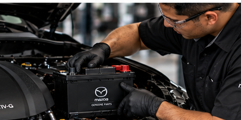Mazda technician replacing a vehicle battery