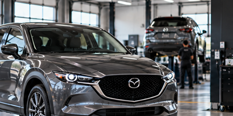 Mazda vehicle in a professional service bay for battery service