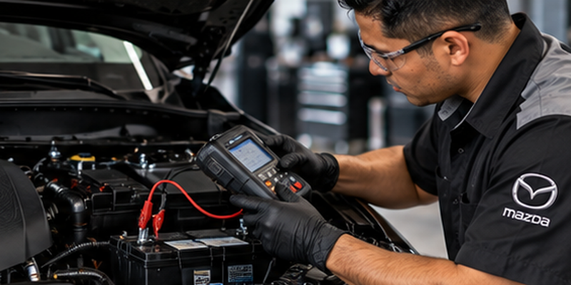 Mazda technician testing a vehicle battery