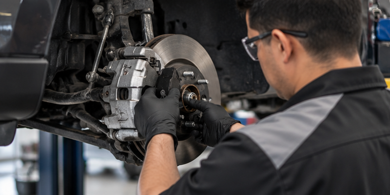 Technician servicing a Mazda brake assembly