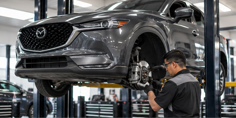 Mazda vehicle receiving professional brake service