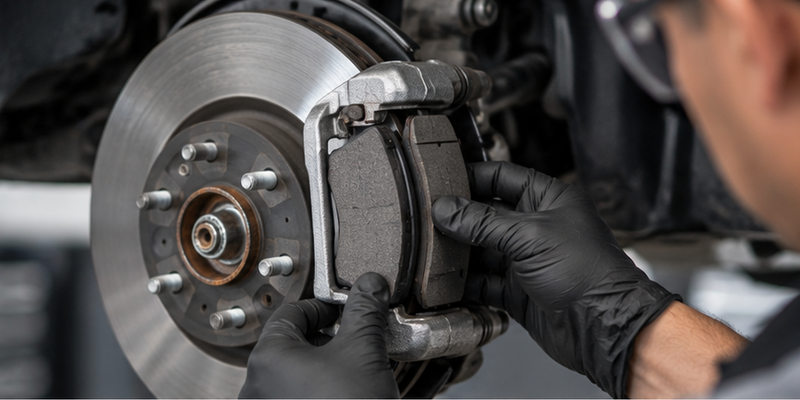 Technician inspecting a Mazda brake assembly